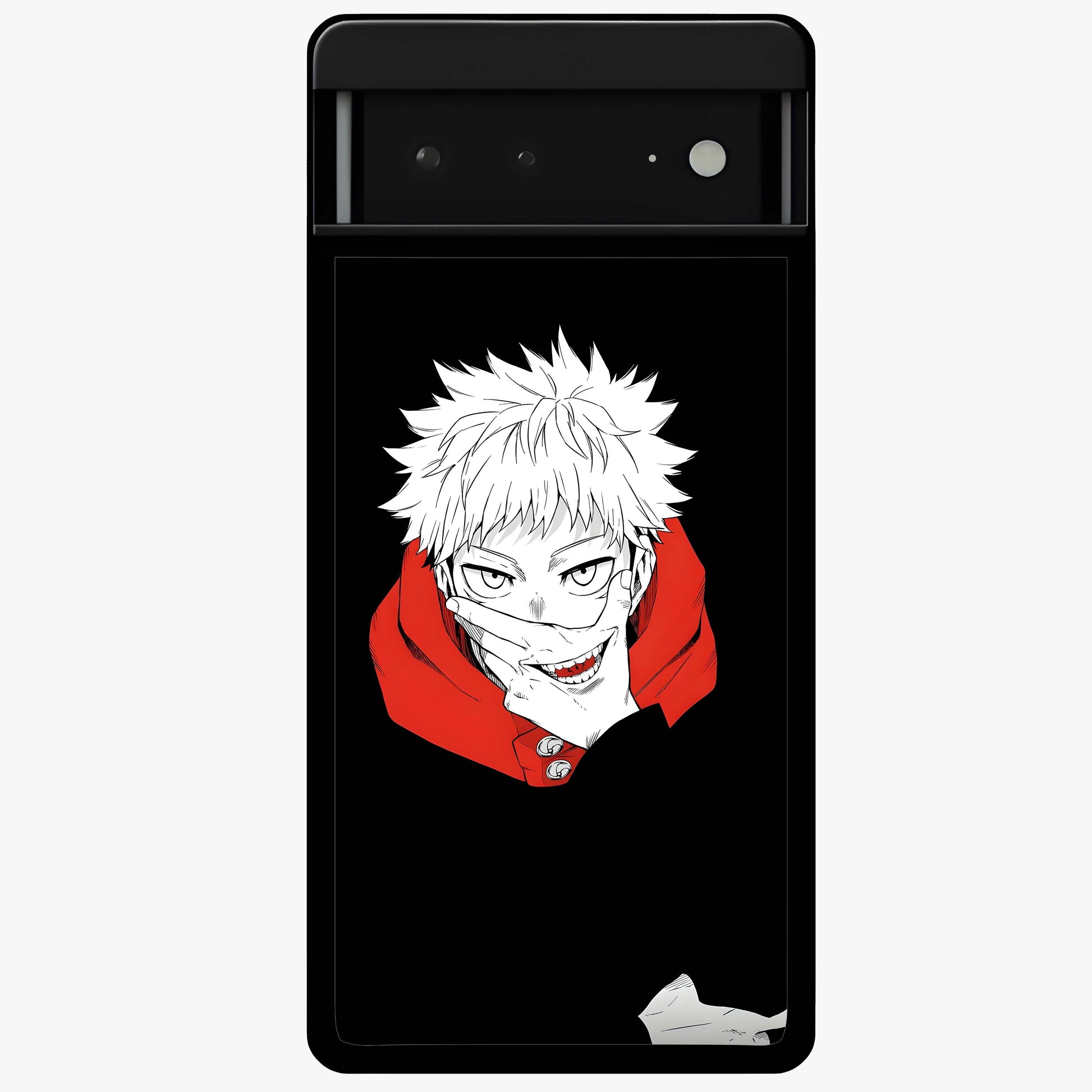 Crimson Chaos Smile Glass Case showing flat back view with bold chaotic smile artwork and glossy glass finish.