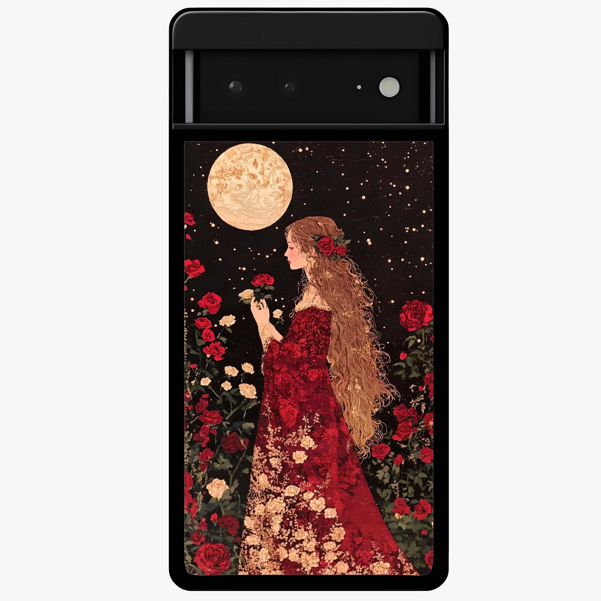 Crimson Dreams Glass Case showing flat back view with dreamy crimson artwork and glossy glass finish.