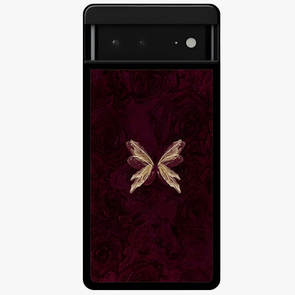 Crimson Fade Butterfly Glass Case showing flat back view with fading butterfly artwork and glossy glass finish.