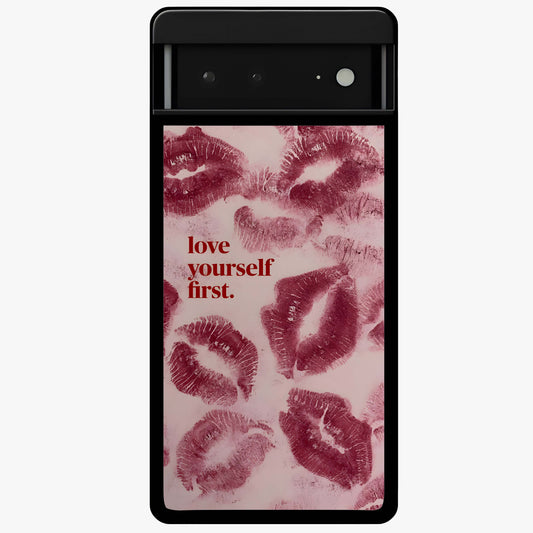 Crimson Kiss Love Glass Case showing flat back view with romantic crimson themed artwork and glossy glass finish.
