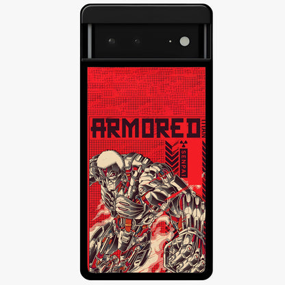 Crimson Mecha Titan Glass Case showing flat back view with powerful mech titan artwork and glossy glass finish.