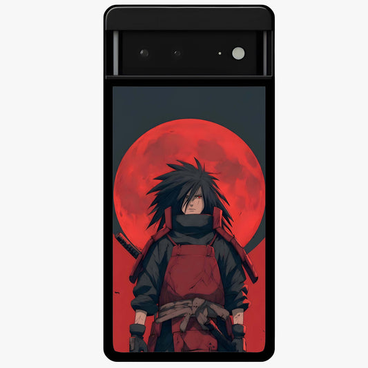 Crimson Moon Warlord Glass Case showing flat back view with mystical moon warrior artwork and glossy glass finish.
