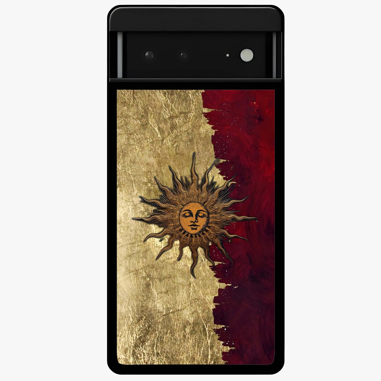 Crimson Sun Majesty Glass Case showing flat back view with radiant sun inspired artwork and glossy glass finish.