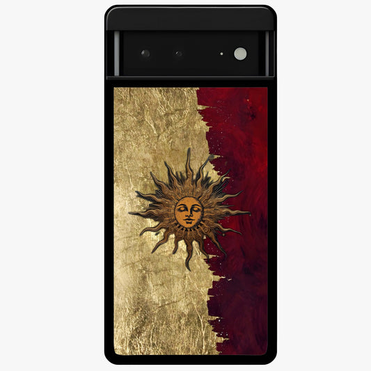 Crimson Sun Majesty Glass Case showing flat back view with radiant sun inspired artwork and glossy glass finish.