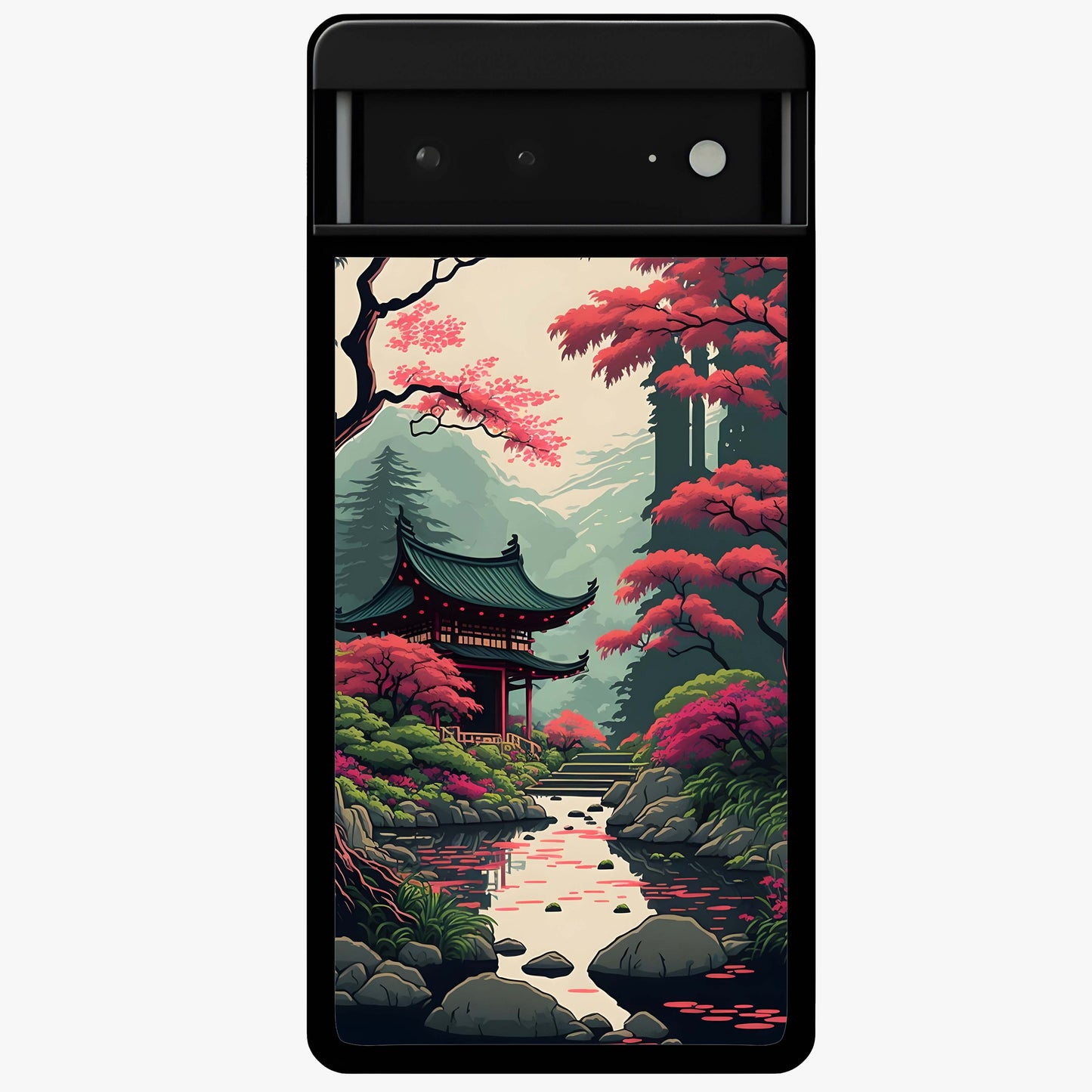 Crimson Temple View Glass Case showing flat back view with temple inspired artwork and glossy glass finish.
