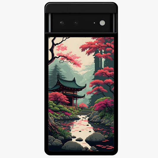 Crimson Temple View Glass Case showing flat back view with temple inspired artwork and glossy glass finish.