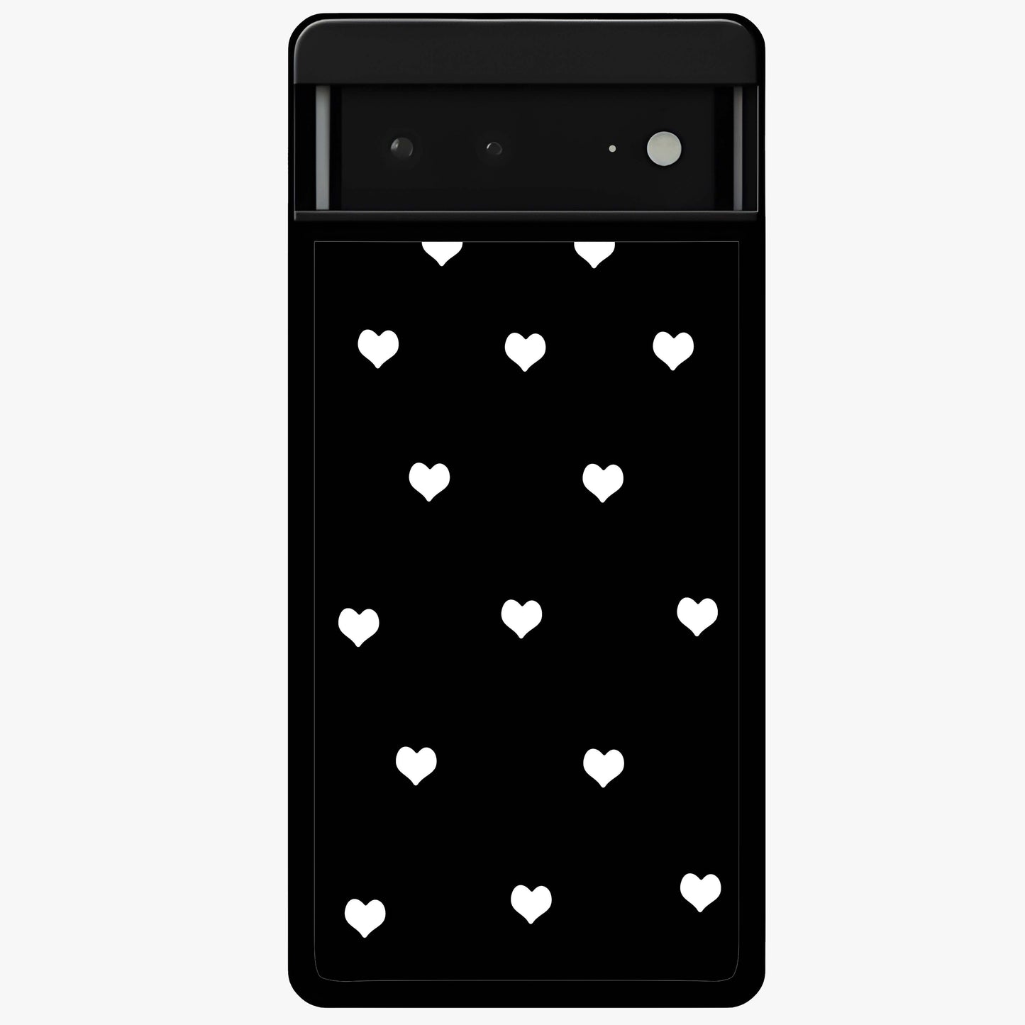 Cute And Simple White Hearts Glass Case showing flat back view with minimal white heart pattern and glossy glass finish.