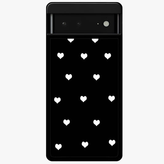 Cute And Simple White Hearts Glass Case showing flat back view with minimal white heart pattern and glossy glass finish.