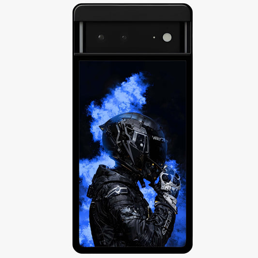 Cyber Sentinel Protocol Glass Case showing flat back view with futuristic cyber themed artwork and glossy glass finish.