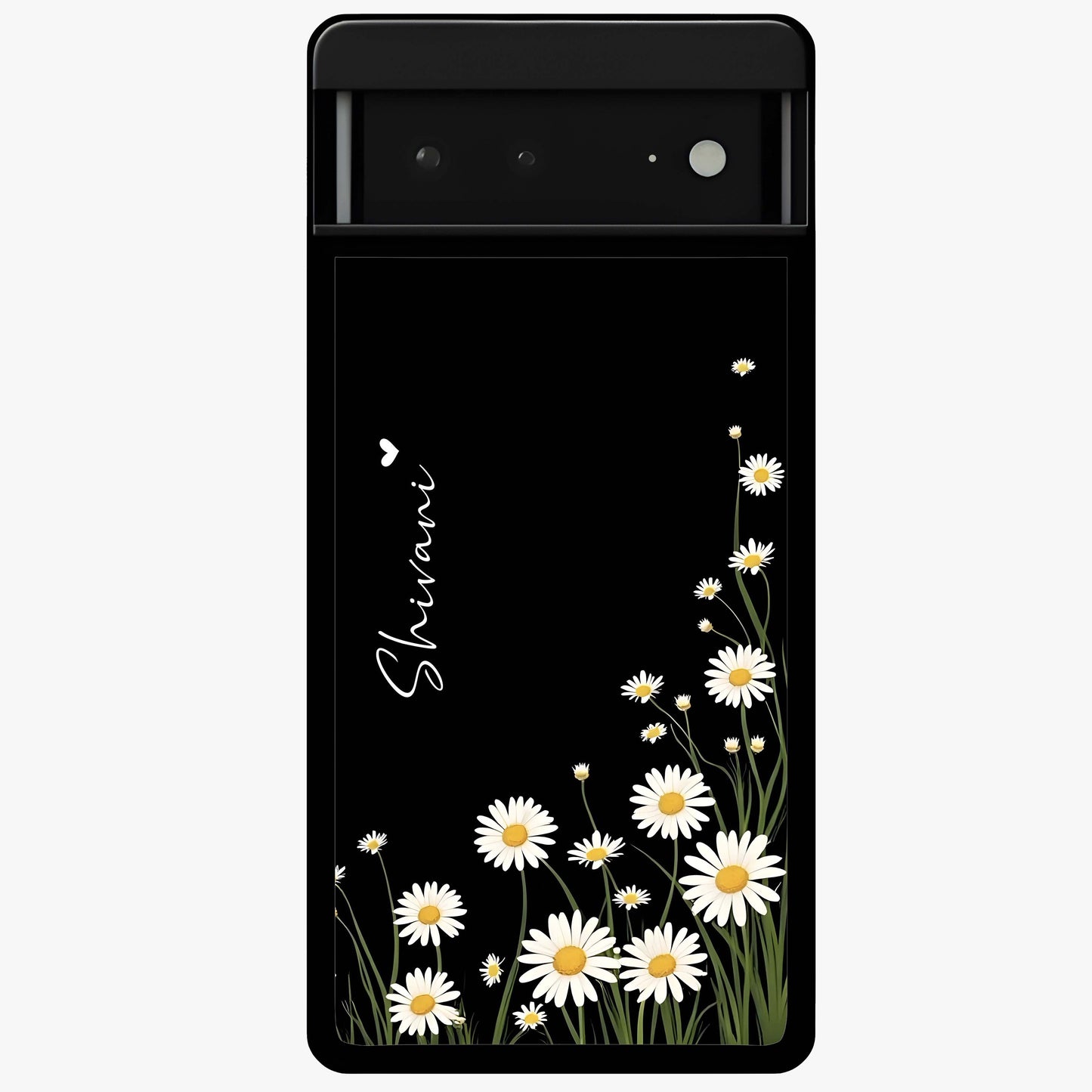 Daisy Cascade Custom Name Glass Case showing flat back view with cascading daisy flowers and personalized name design.