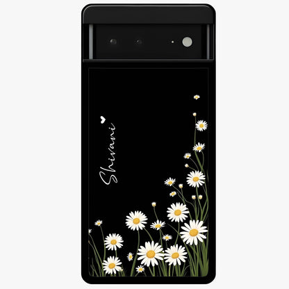 Daisy Cascade Custom Name Glass Case showing flat back view with cascading daisy flowers and personalized name design.