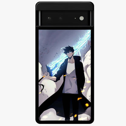 Dark Lightning Anime Warrior Glass Case showing flat back view with intense anime warrior artwork and glossy glass finish.