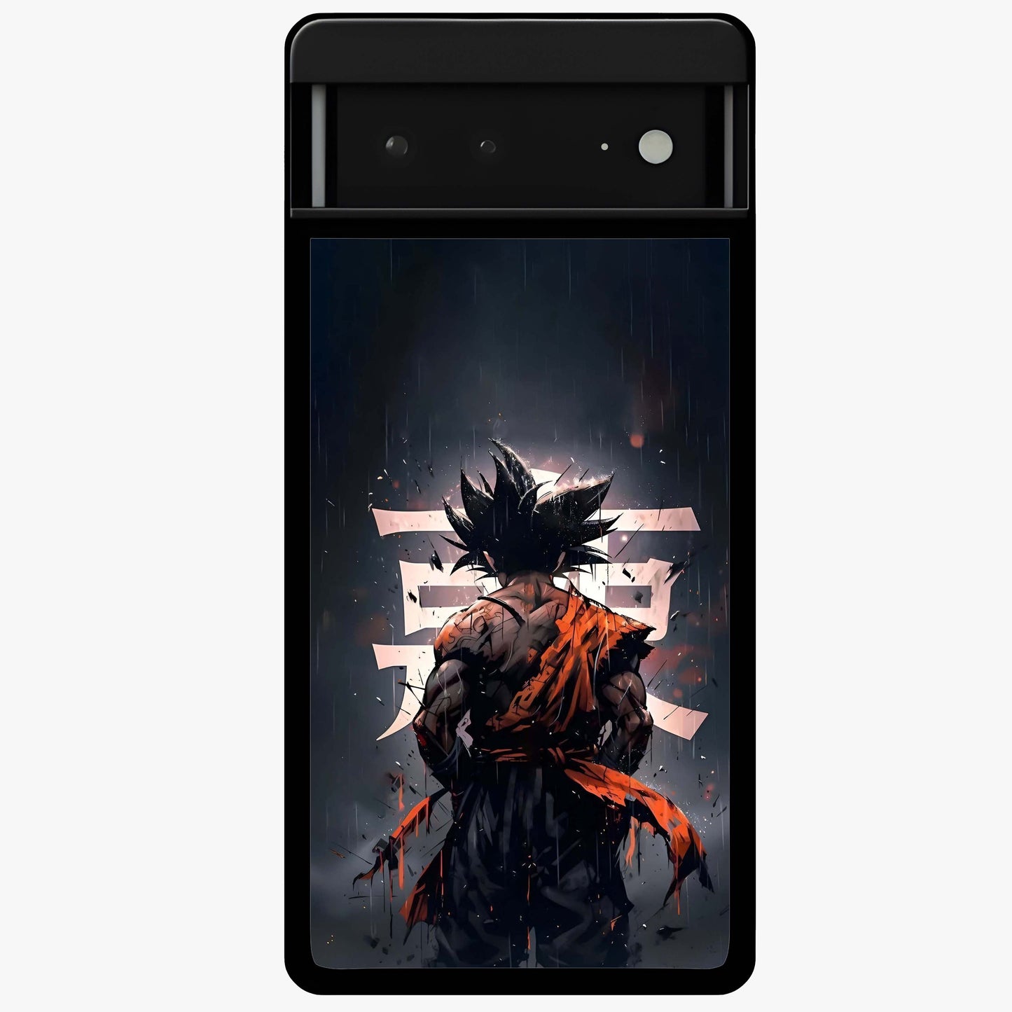 Dark Warrior In Rain Glass Case showing flat back view with warrior artwork in rainy atmosphere and glossy glass finish.