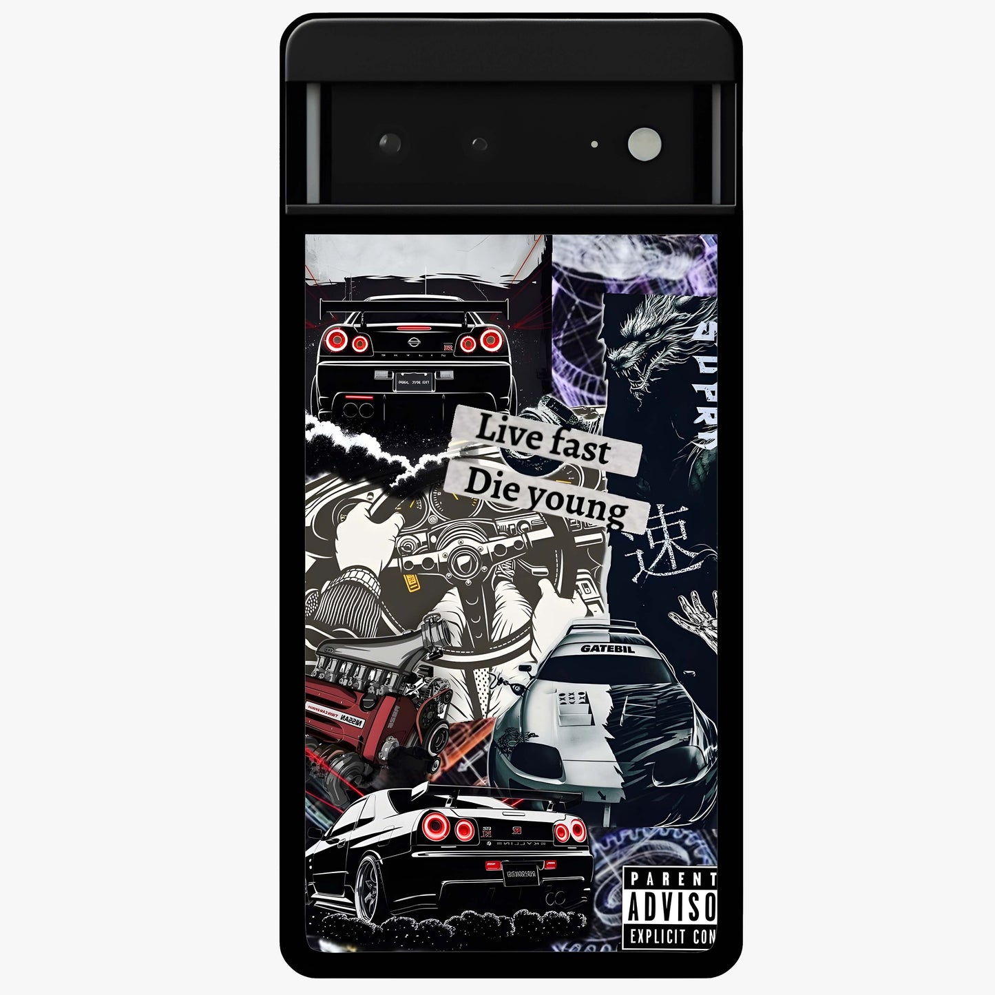 Die Young Glass Case showing flat back view with bold artistic typography design and glossy glass finish.