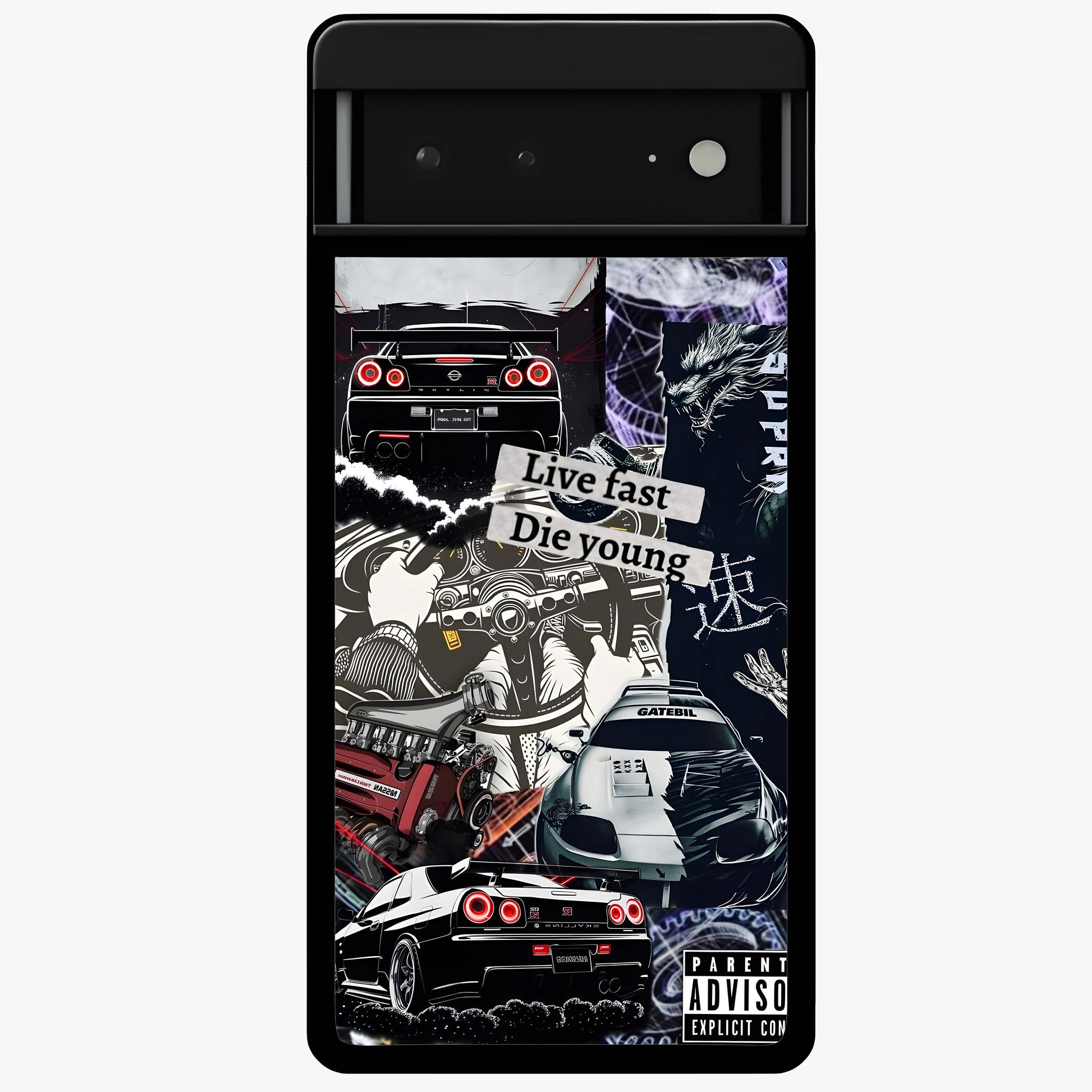 Die Young Glass Case showing flat back view with bold artistic typography design and glossy glass finish.