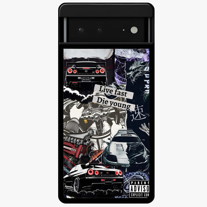 Die Young Glass Case showing flat back view with bold artistic typography design and glossy glass finish.