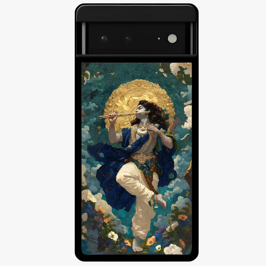 Divine Krishna Art Glass Case showing flat back view with Lord Krishna artwork and glossy glass finish.