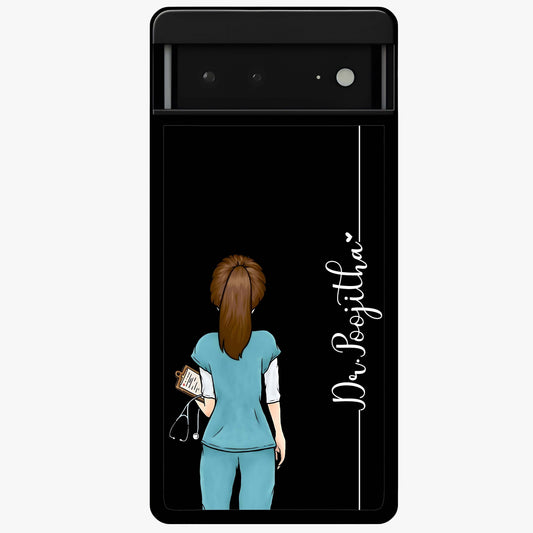 Doctor Pattern Custom Name Glass Case showing flat back view with medical themed pattern and personalized name design.