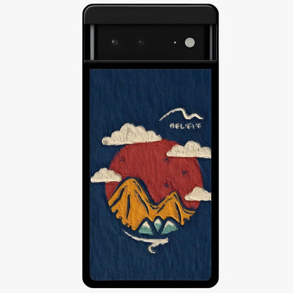 Dream Beyond Mountains Glass Case showing flat back view with scenic mountain landscape artwork and glossy glass finish.