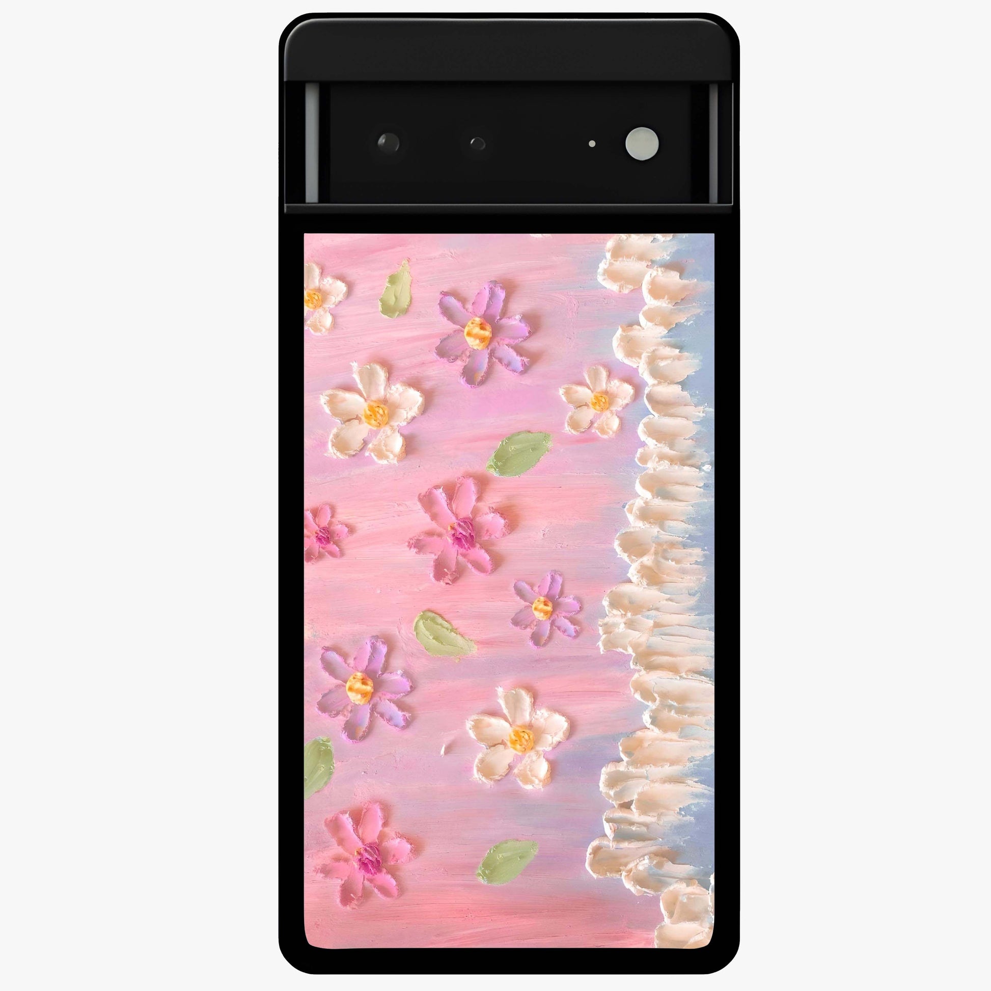 Dreamy Painted Garden Glass Case showing flat back view with artistic painted floral garden artwork and glossy glass finish.