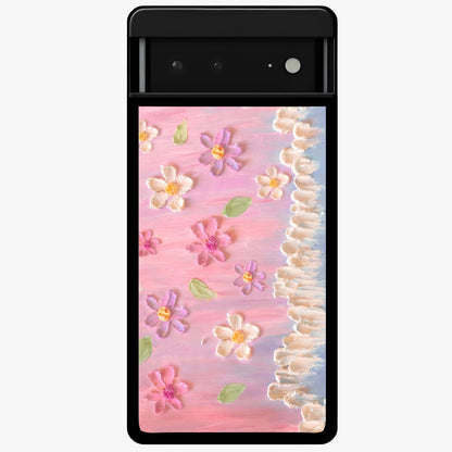 Dreamy Painted Garden Glass Case showing flat back view with artistic painted floral garden artwork and glossy glass finish.