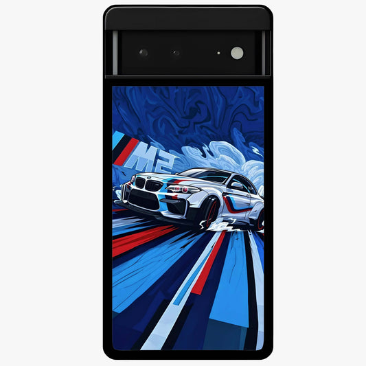 Drift Power Rush Glass Case showing flat back view with dynamic racing inspired artwork and glossy glass finish.