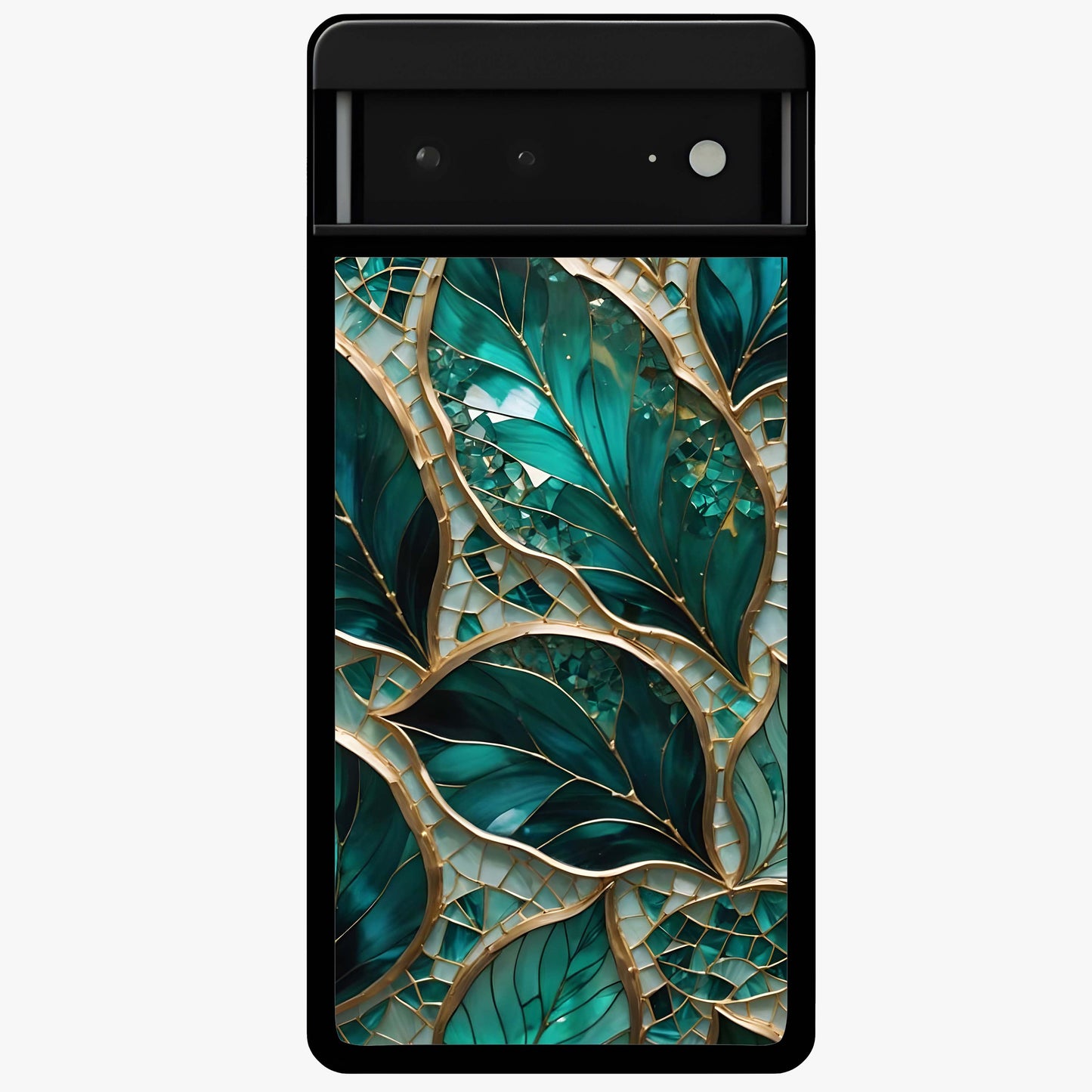 Emerald Leaf Glass Glass Case showing flat back view with emerald green leaf artwork and glossy glass finish.