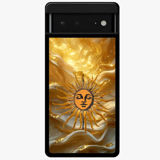 Eternal Golden Glow Glass Case showing flat back view with radiant golden themed artwork and glossy glass finish.