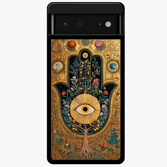 Ethereal Evil Eye Glass Case showing flat back view with mystical evil eye artwork and glossy glass finish.