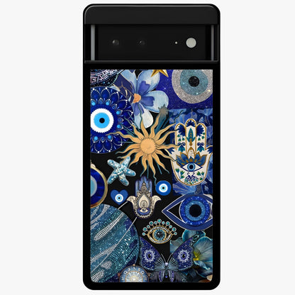 Evil Eye Charm Mix Glass Case showing flat back view with multiple evil eye charms artwork and glossy glass finish.