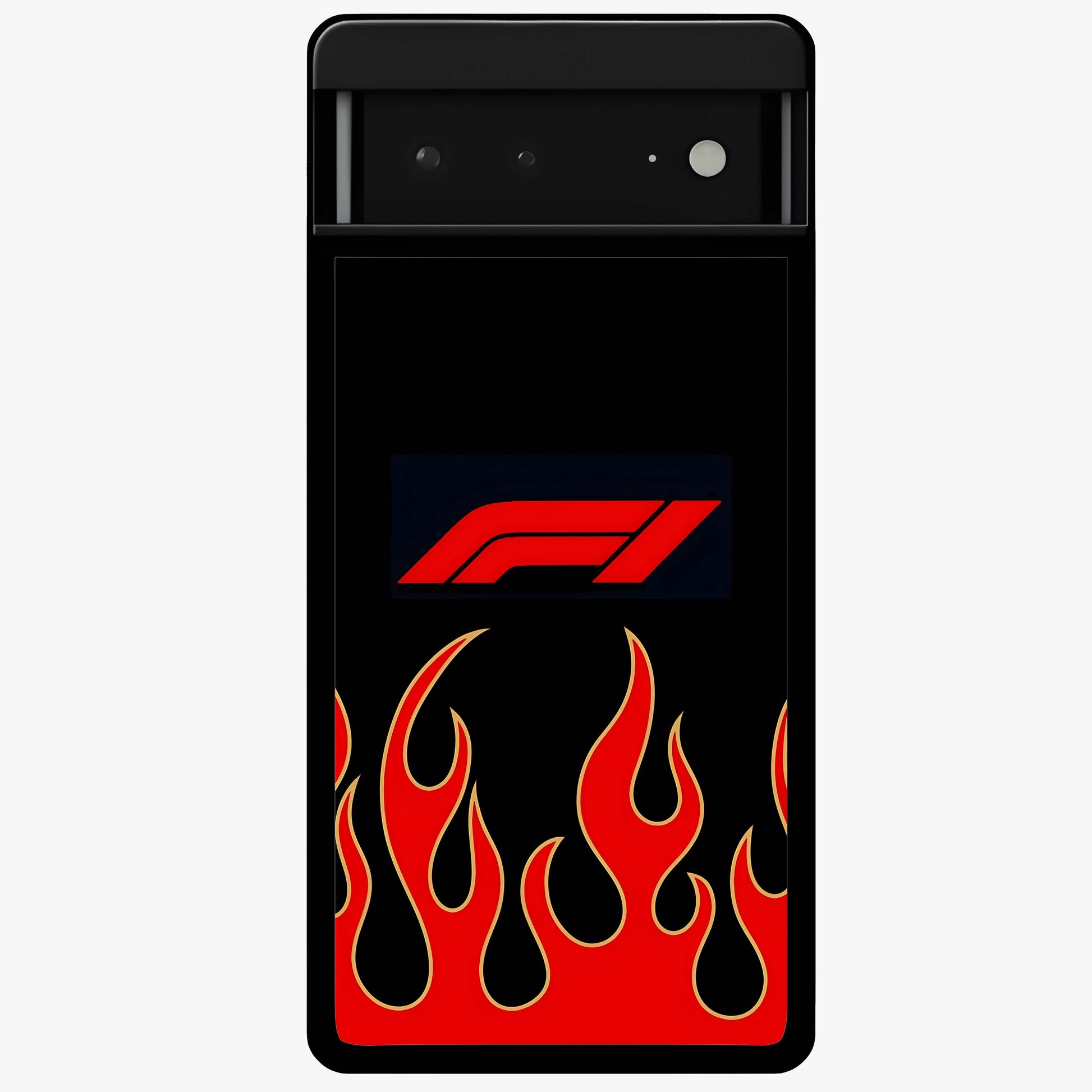 Fire F11 Glass Case showing flat back view with fiery themed artwork and glossy glass finish.