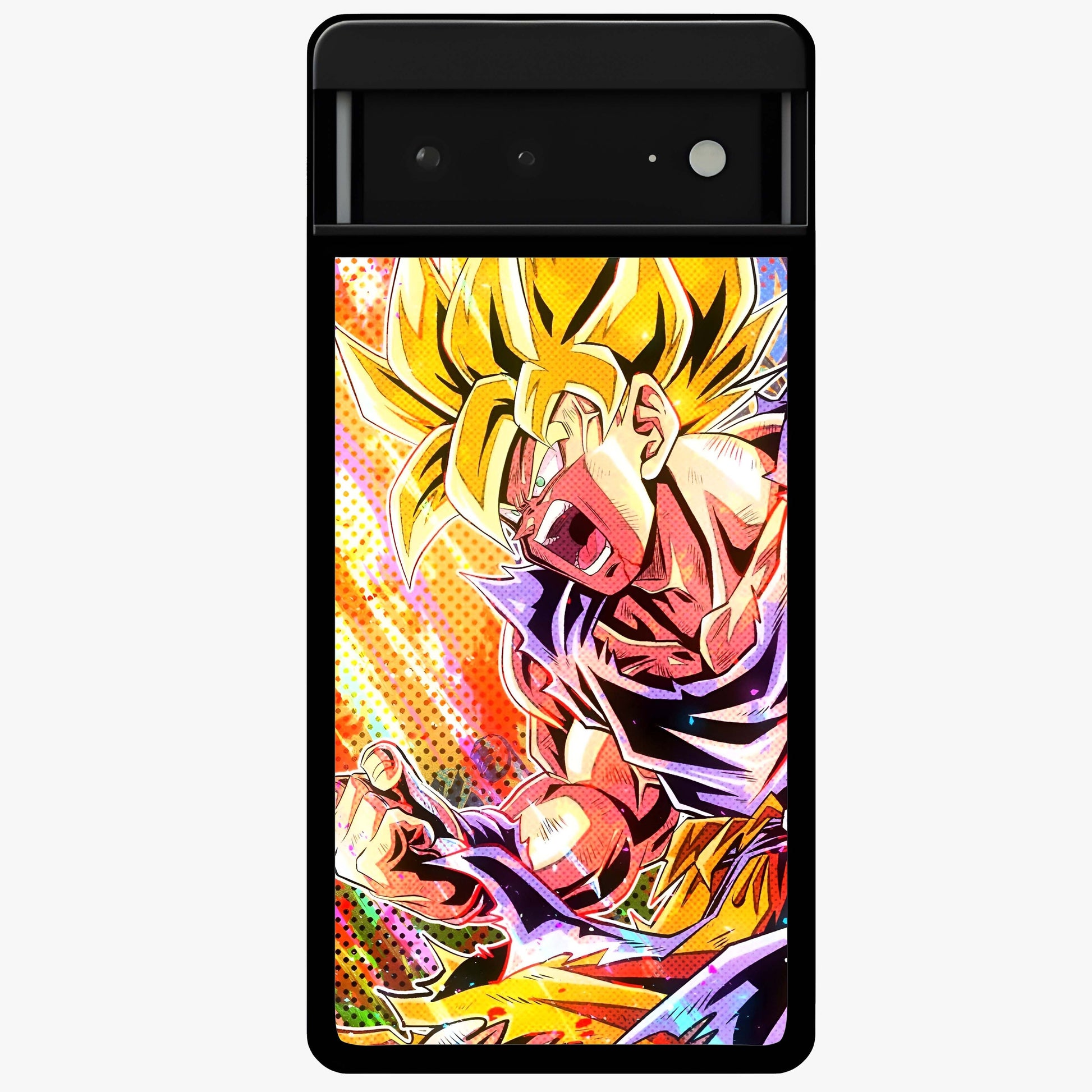 Firing Goku Glass Case showing flat back view with powerful anime inspired artwork and glossy glass finish.