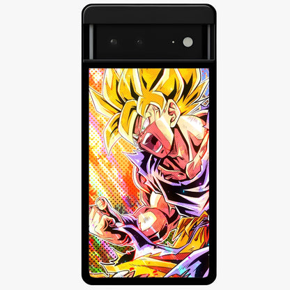 Firing Goku Glass Case showing flat back view with powerful anime inspired artwork and glossy glass finish.