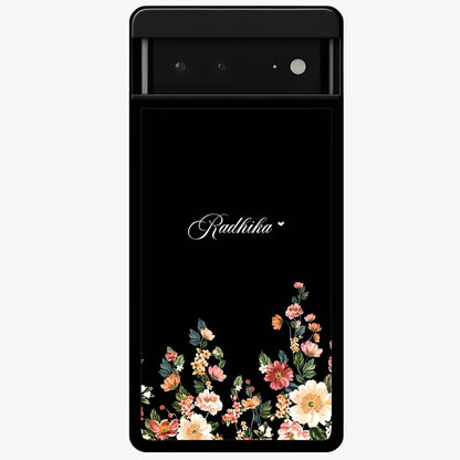 Floral Design With a Custom Personalized Name Glass Case showing flat back view with floral artwork and personalized name design.