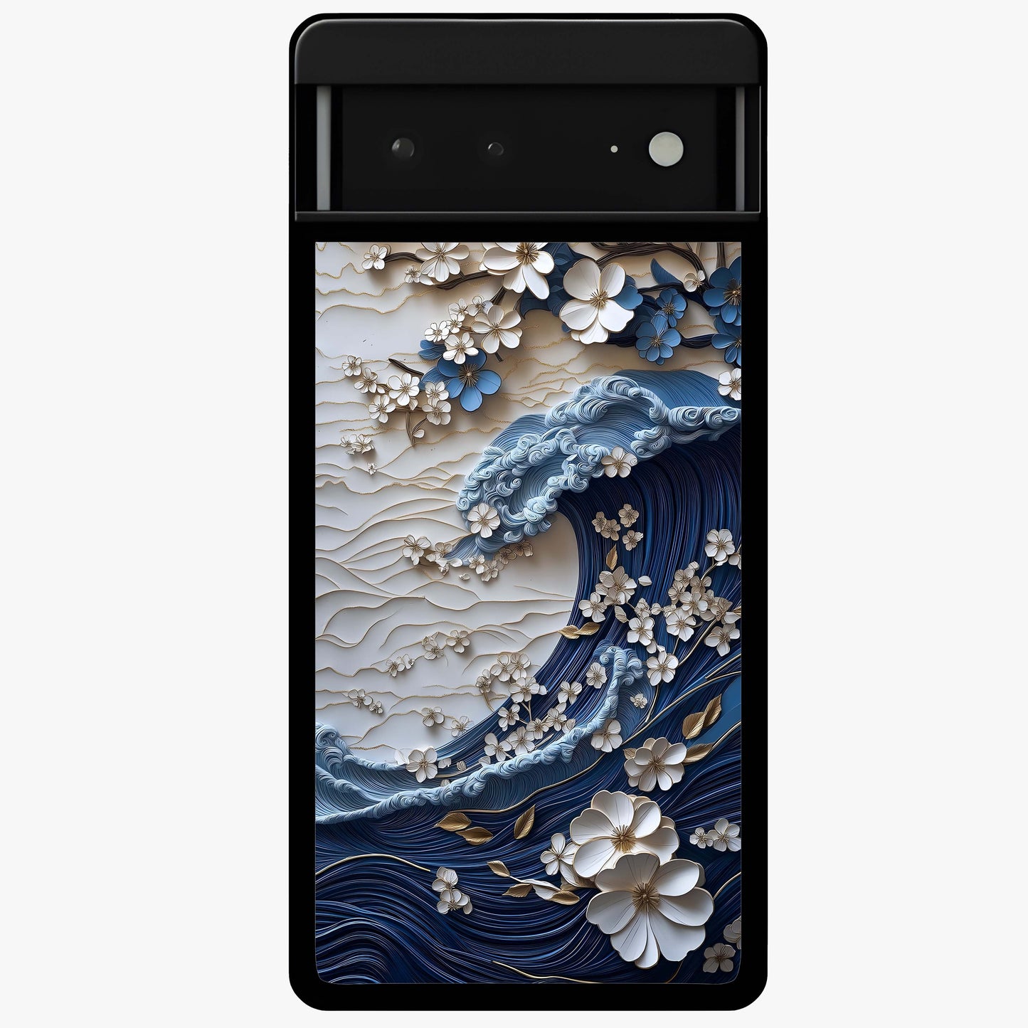 Floral Wave Origami Glass Case showing flat back view with origami inspired floral wave artwork and glossy glass finish.