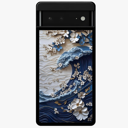 Floral Wave Origami Glass Case showing flat back view with origami inspired floral wave artwork and glossy glass finish.