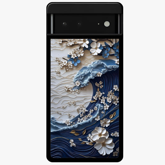Floral Wave Origami Glass Case showing flat back view with origami inspired floral wave artwork and glossy glass finish.