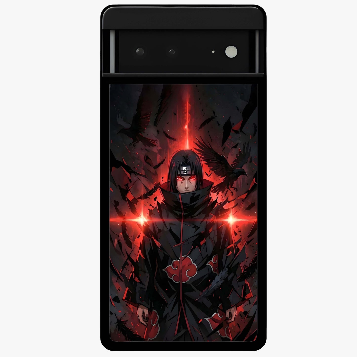 Focused Blade Discipline Glass Case showing flat back view with warrior sword themed artwork and glossy glass finish.