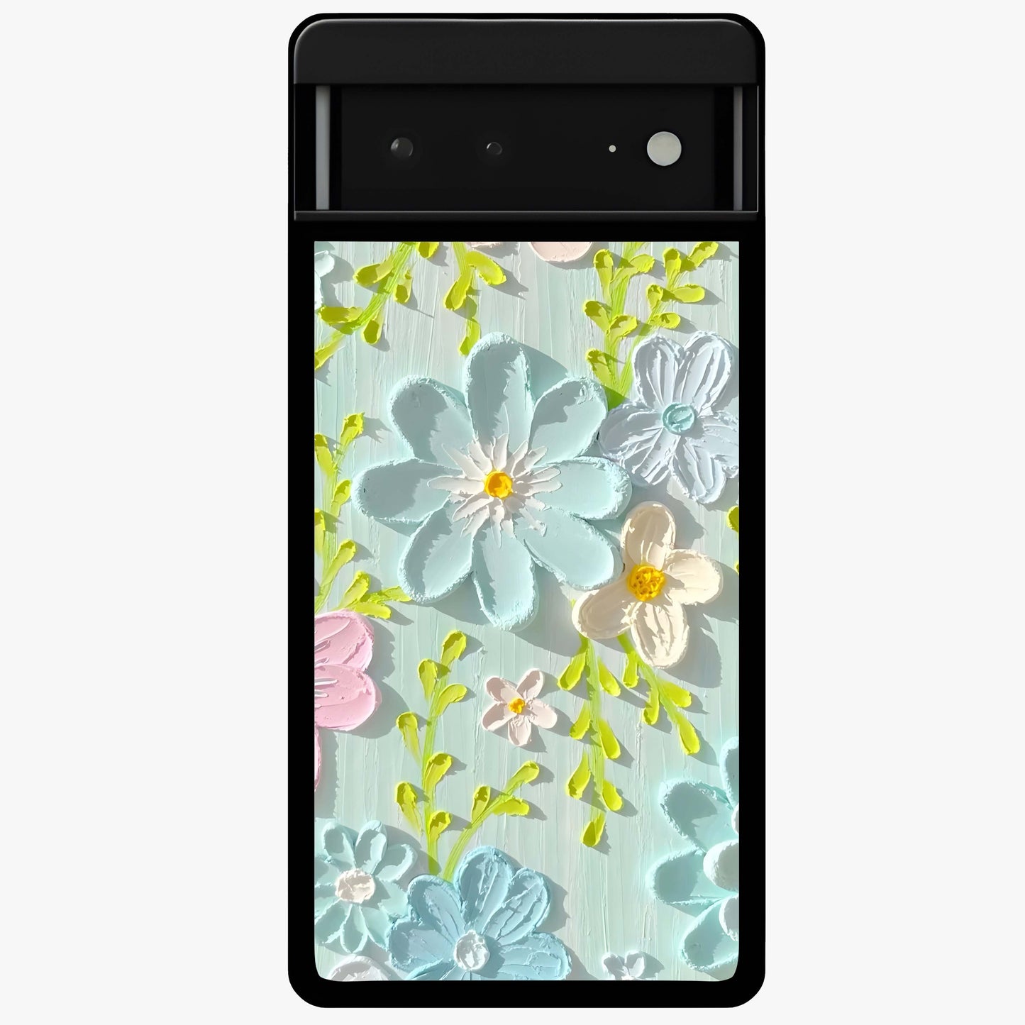 Frosted Petal Garden Glass Case showing flat back view with soft frosted floral artwork and glossy glass finish.