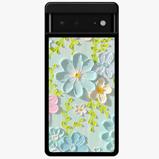 Frosted Petal Garden Glass Case showing flat back view with soft frosted floral artwork and glossy glass finish.