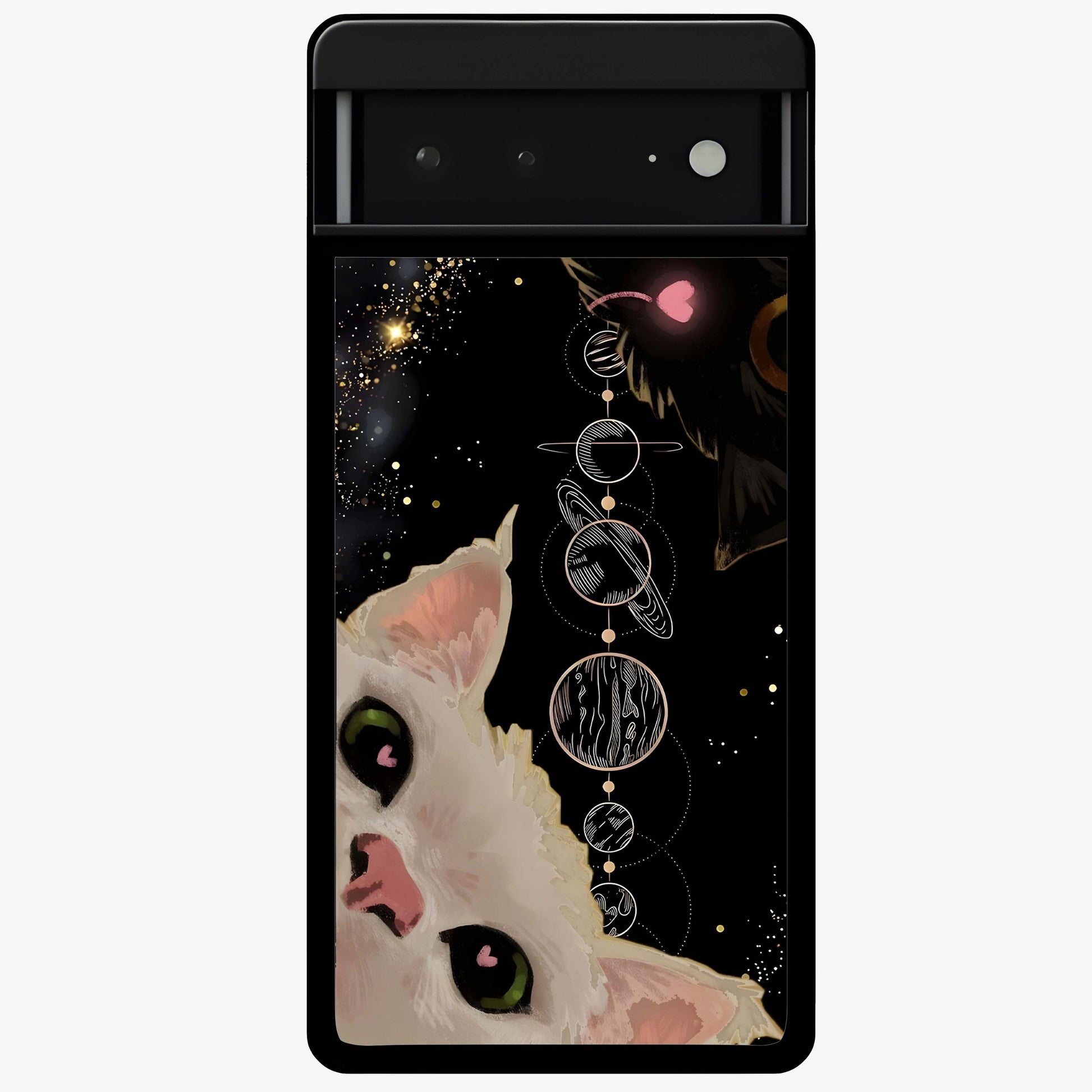 Galactic Cat Glass Case showing flat back view with cosmic cat artwork and glossy glass finish.
