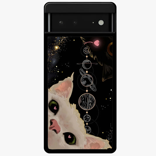 Galactic Cat Glass Case showing flat back view with cosmic cat artwork and glossy glass finish.