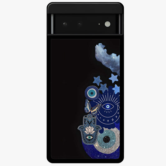 Galactic Charm Cluster Glass Case showing flat back view with glowing celestial charm artwork and glossy glass finish.