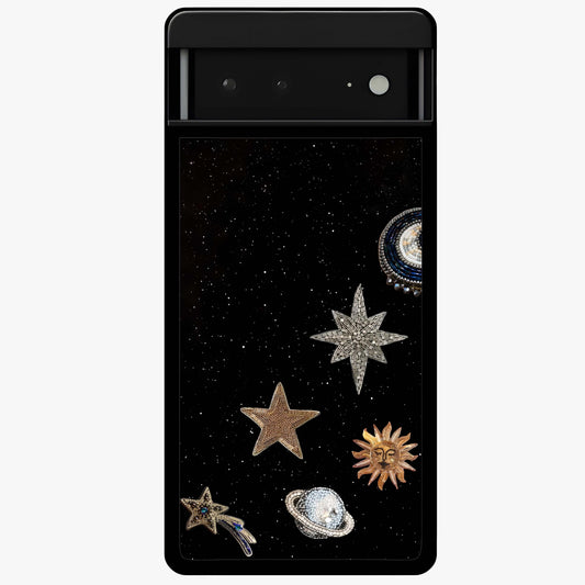 Galactic Charm Glow Glass Case showing flat back view with glowing celestial charm artwork and glossy glass finish.