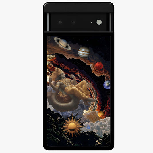 Galactic Divine God Glass Case showing flat back view with divine cosmic themed artwork and glossy glass finish.