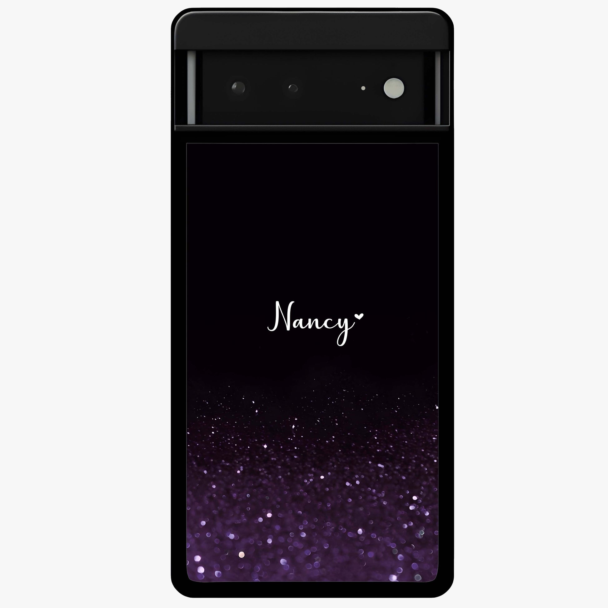 Glittery Purple Bokeh Custom Name Glass Case showing flat back view with purple bokeh sparkle artwork and personalized name design.