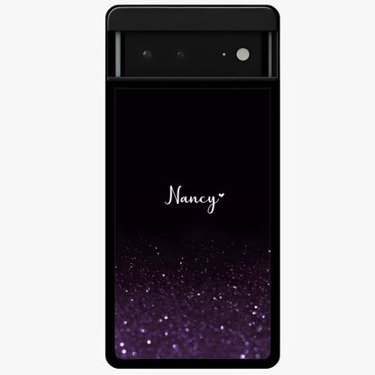 Glittery Purple Bokeh Custom Name Glass Case showing flat back view with purple bokeh sparkle artwork and personalized name design.