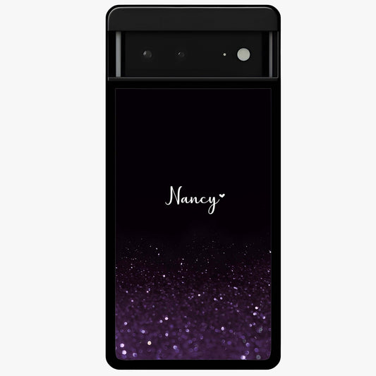 Glittery Purple Bokeh Custom Name Glass Case showing flat back view with purple bokeh sparkle artwork and personalized name design.