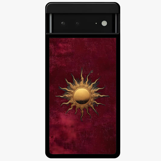Gold Sun Blush Glass Case showing flat back view with golden sun inspired artwork and glossy glass finish.