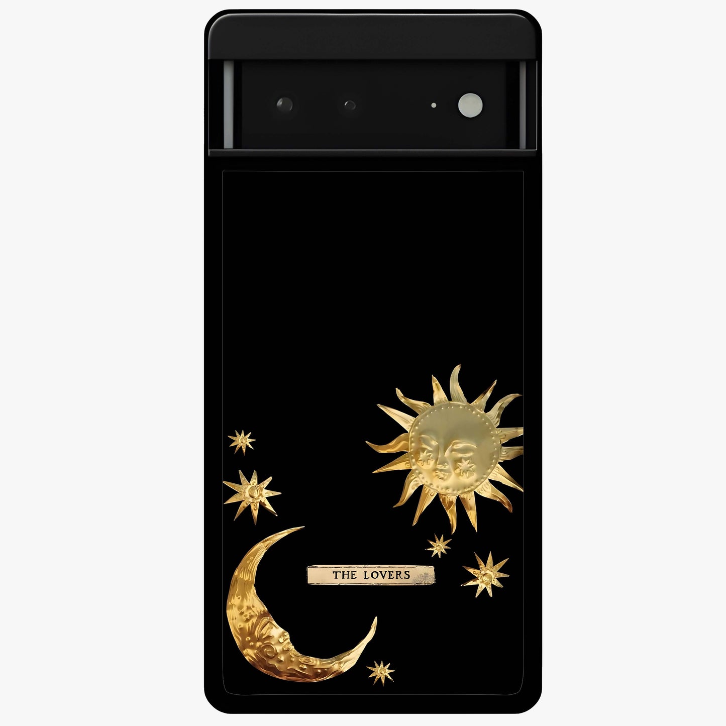 Golden Celestial Charm Glass Case showing flat back view with golden celestial charm artwork and glossy glass finish.